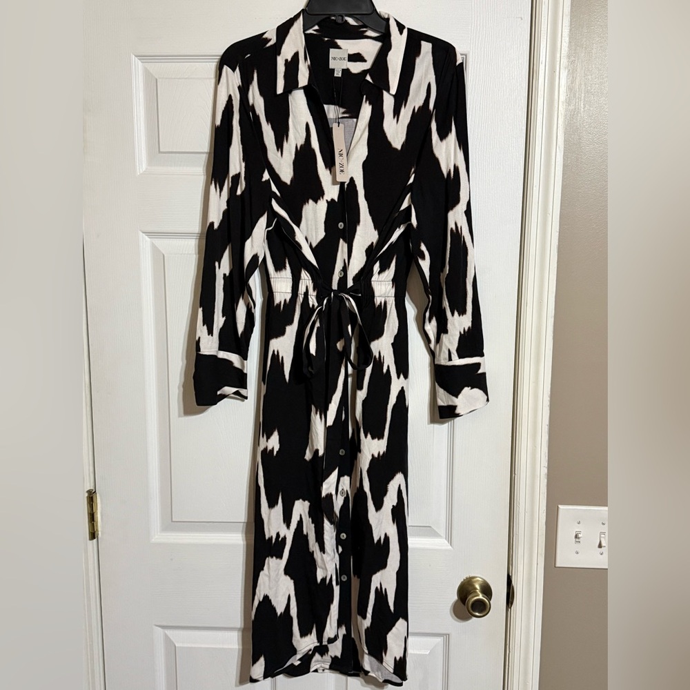 NIC+ZOE Black and White Button-Front Tie-Waist Shirt Dress NWT